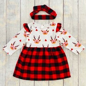 Baby Girls Buffalo Plaid Reindeer Dress, Size 12-18m